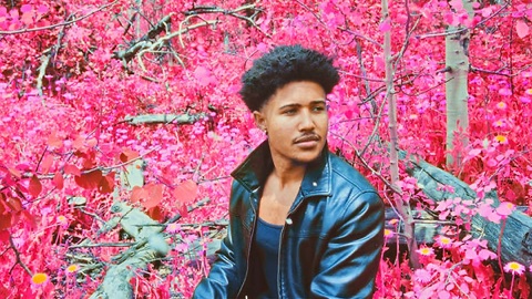 Portrait of a person in a leather jacket standing in front of infrared-pink foliage.